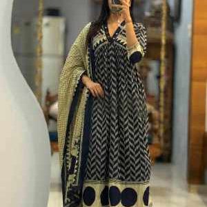 Wedding Special Mirror Work Embroidered Cotton Anarkali Kurti Set
