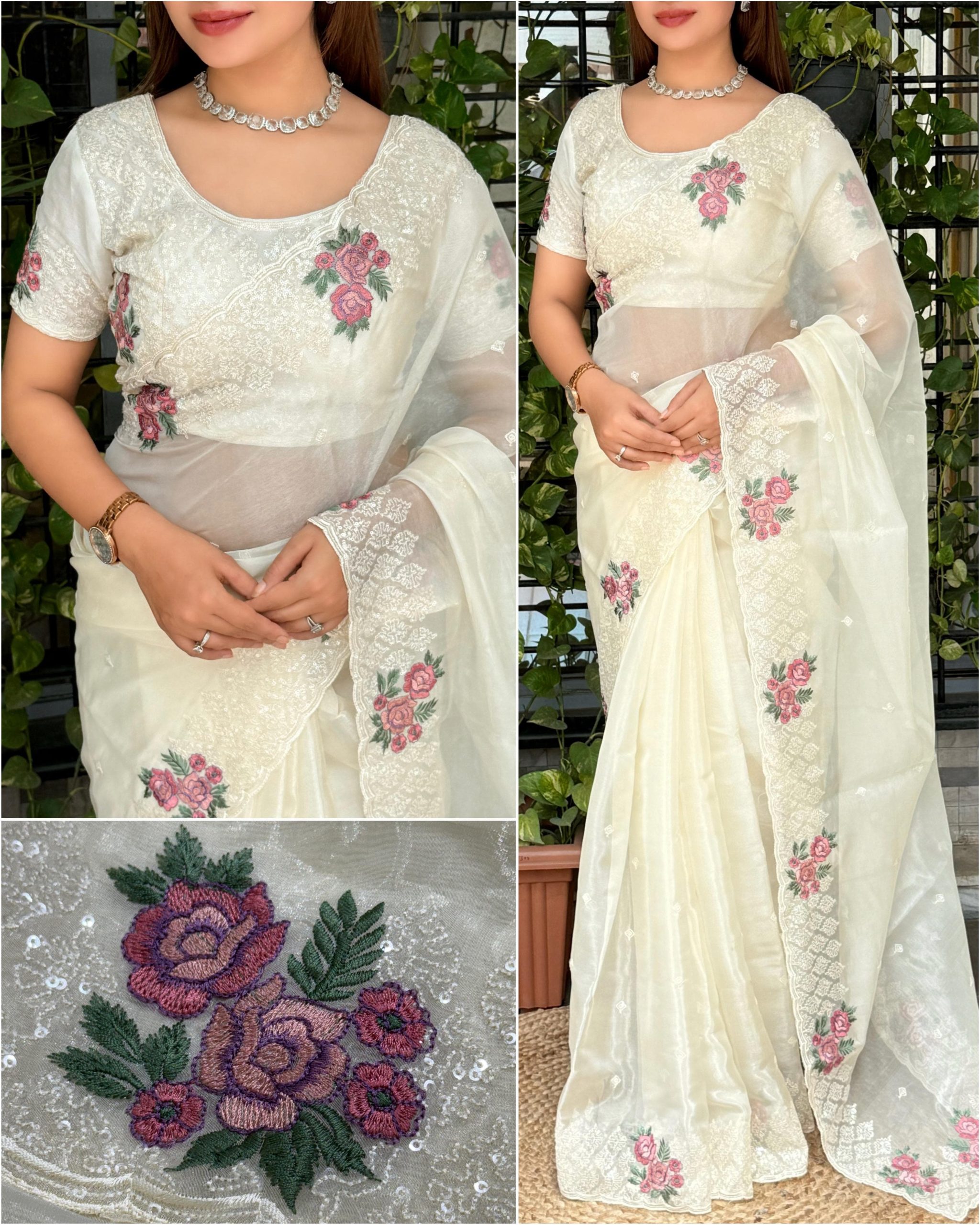 Gulab Designer Glass Organza Embroidered Saree with Sequins Blouse Piece