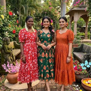 Pure Chanderi Floral Print Midi Gown with Flare