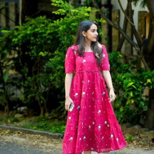Daisy Bloom Chanderi Cotton Embroidered Maxi Gown