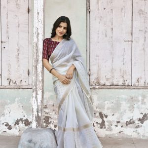 Kota Ajrakh Kalamkari Zari Butti Saree with Contrast Crepe Silk Blouse