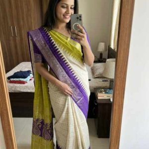Temple Design Massmello Zari Checks Saree with Jacquard Border and Running Blouse