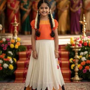 Kanakambaram Petal Cotton Lehenga Gown Set with Printed Blouse