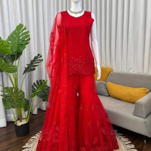 Designer Heavy Soft Net Thread & Sequins Work Sharara Set with Dupatta