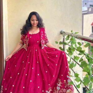 Vichitra Silk Embroidered Gown with Detachable Jacket Set