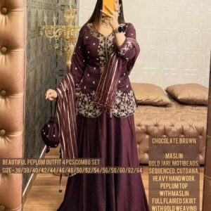 KK Designer Maslin Handwork Peplum Skirt Set with Organza Dupatta & Potli