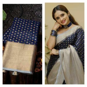 Navy Blue Semi Katan Banarasi Silk Saree with Pastel Blue Jacquard Border