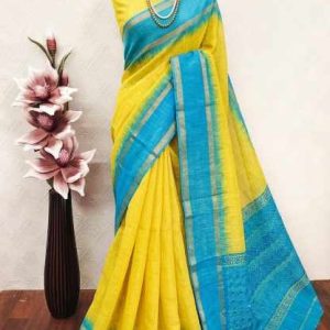 Linen Yellow & Sky Blue Digital Print Cotton Saree with Kalamkari Pallu