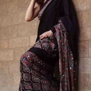 Ajrakh Print Crepe Silk Saree with Mirror Work & Tassels