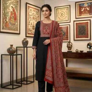 Premium Dhabu Cotton Straight Kurti Plazo Set with Hand Mirror Work & Dupatta