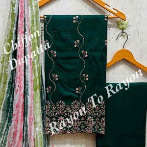 Rayon Cotton Embroidered Suit Set with Brasho Shibori Dupatta