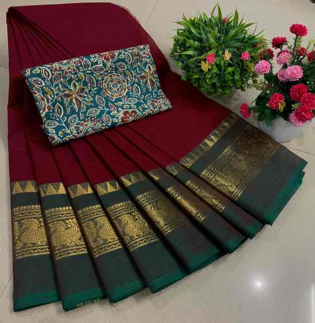 Chettinadu Pure Cotton Saree With Kalamkari Blouse Collection - Image 4