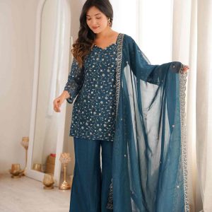 Premium Crunchy Silk Kurti, Bell Bottom Pant & Dupatta Set