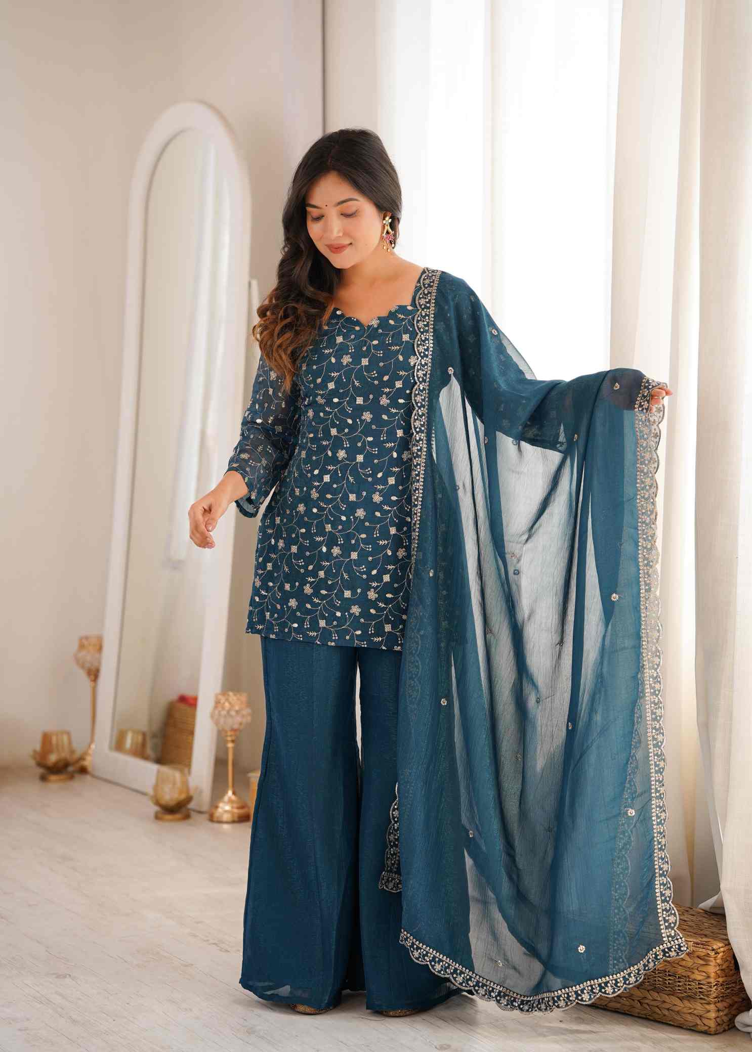 Premium Crunchy Silk Kurti, Bell Bottom Pant & Dupatta Set