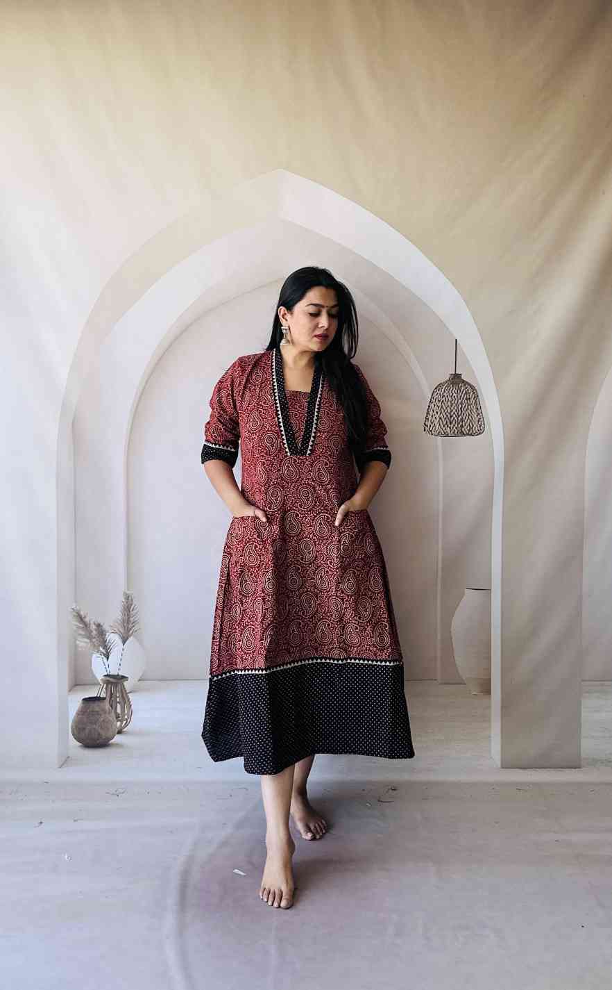 Ajrakh Hand Block Print A-Line One Piece Kurti - Image 4
