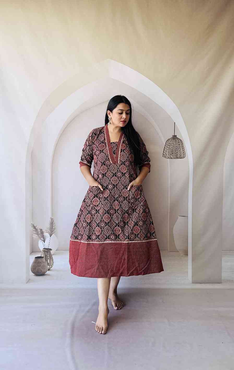 Ajrakh Hand Block Print A-Line One Piece Kurti - Image 3