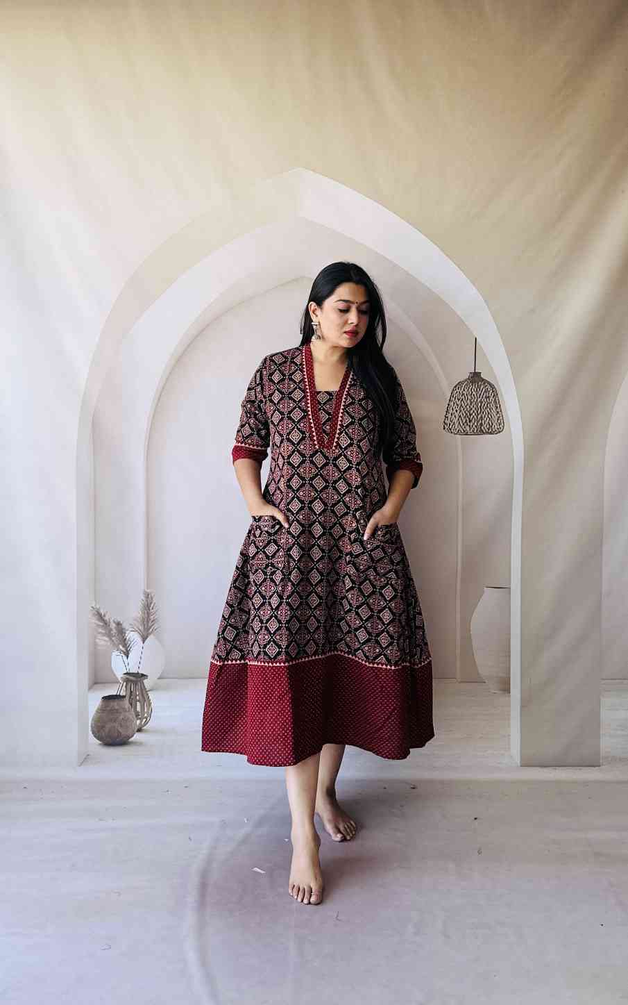 Ajrakh Hand Block Print A-Line One Piece Kurti - Image 14