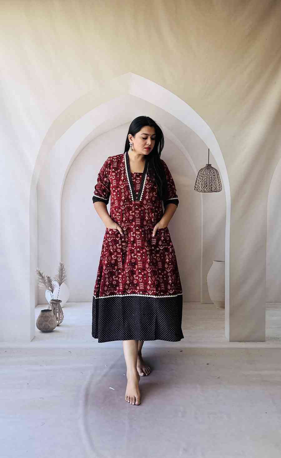 Ajrakh Hand Block Print A-Line One Piece Kurti