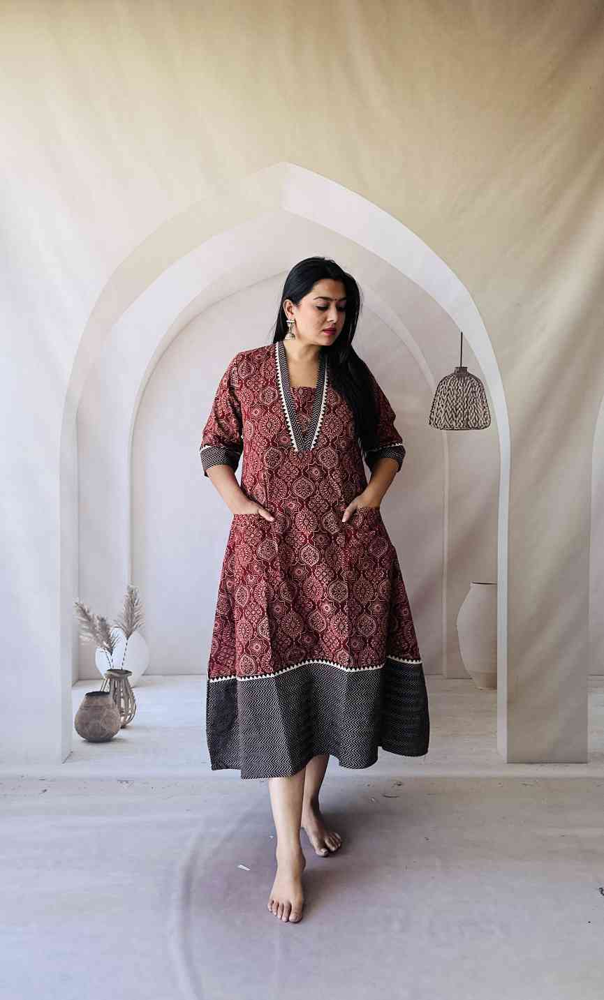 Ajrakh Hand Block Print A-Line One Piece Kurti - Image 11