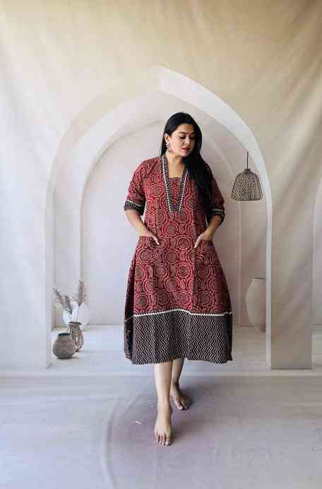 Ajrakh Hand Block Print A-Line One Piece Kurti - Image 12