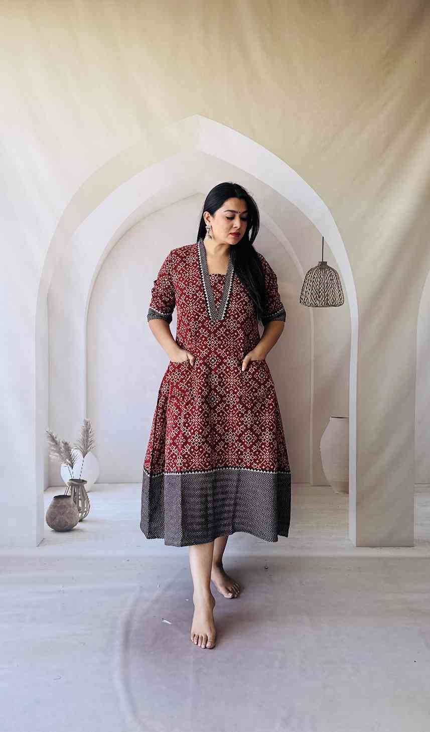Ajrakh Hand Block Print A-Line One Piece Kurti - Image 10