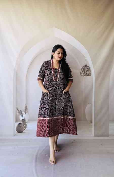 Ajrakh Hand Block Print A-Line One Piece Kurti - Image 13