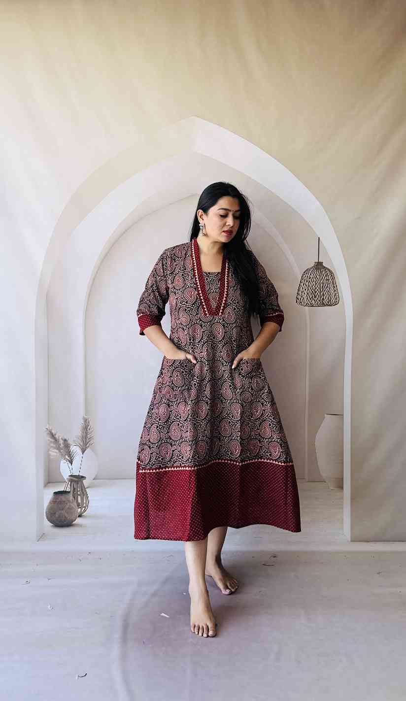 Ajrakh Hand Block Print A-Line One Piece Kurti - Image 17