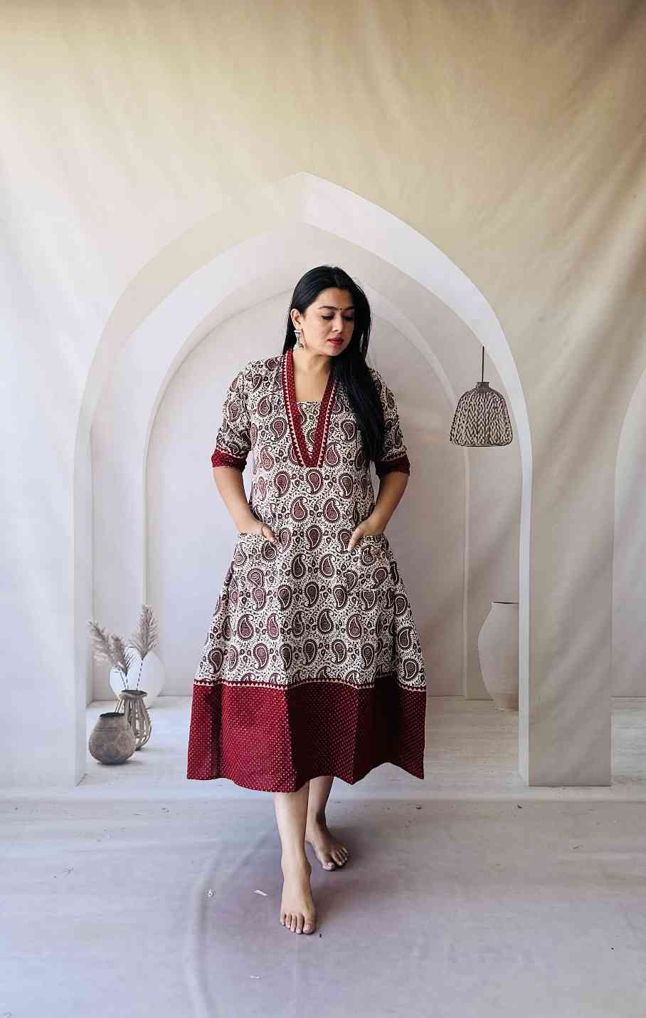 Ajrakh Hand Block Print A-Line One Piece Kurti - Image 6