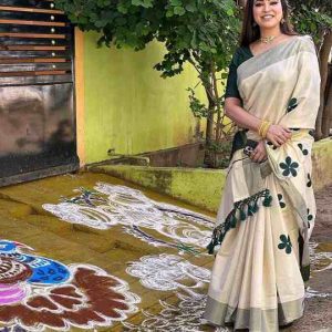 Green Floral Embroidered Golden Tissue Saree