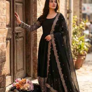Designer Chinon Silk Gown, Pant & Dupatta Set