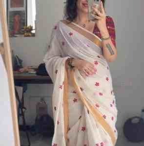 Onam Special Pure Cotton Golden Zari Border Saree