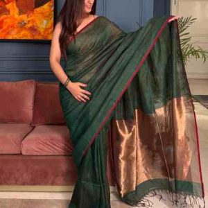 Exclusive Linen by Linen Handloom Saree with Zari Pallu