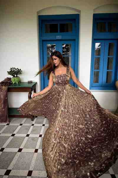 Premium Fendy Silk Gown, Sharara & Dupatta Set - Image 9