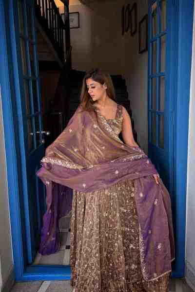 Premium Fendy Silk Gown, Sharara & Dupatta Set - Image 5