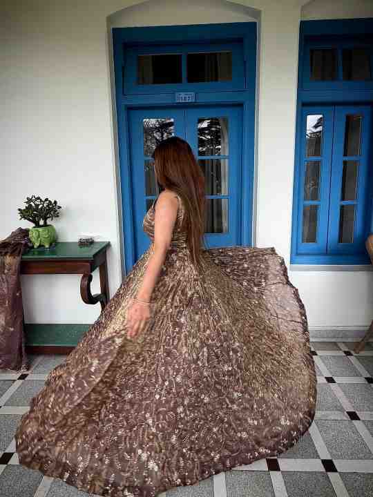 Premium Fendy Silk Gown, Sharara & Dupatta Set - Image 8