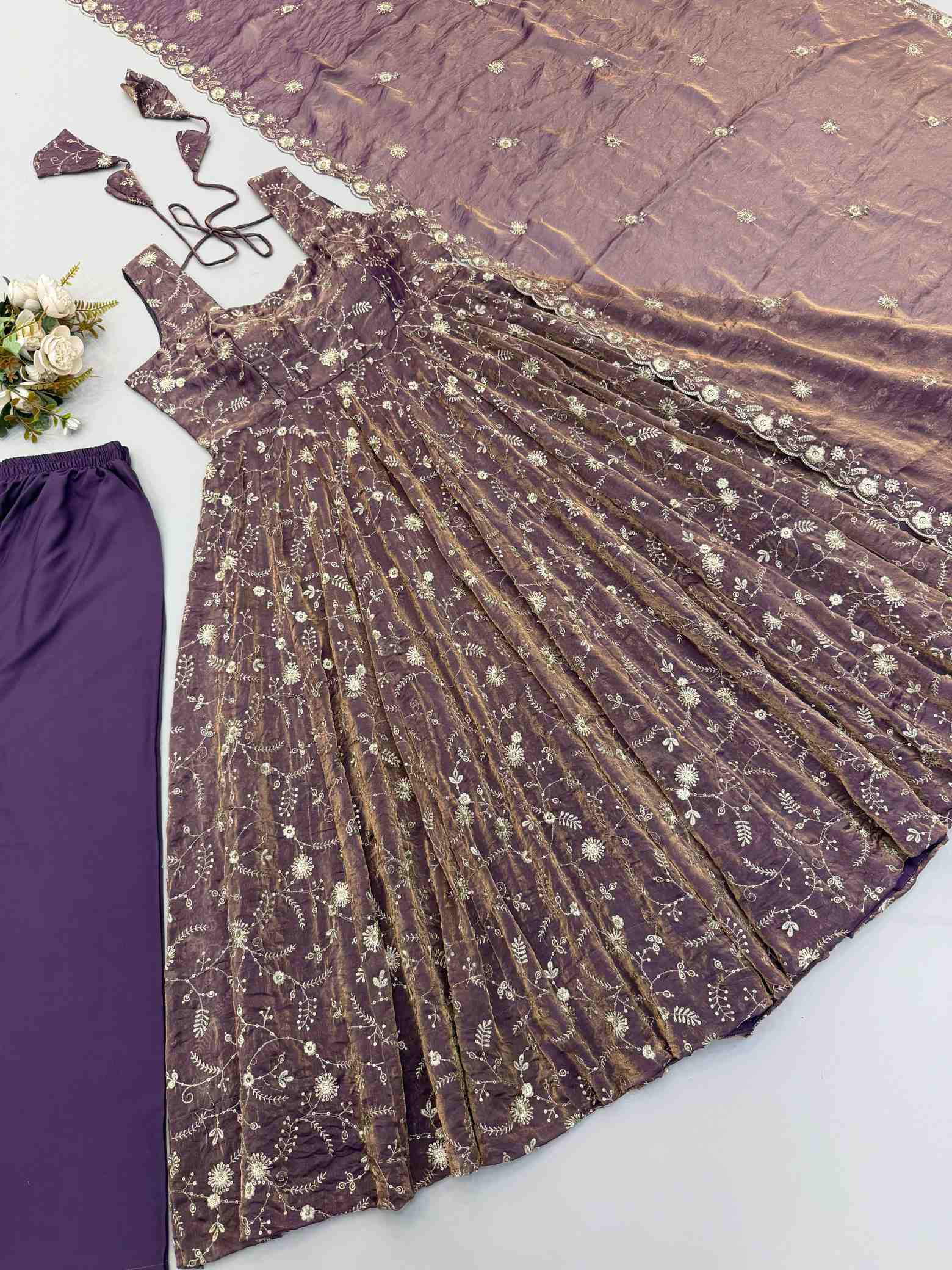 Premium Fendy Silk Gown, Sharara & Dupatta Set - Image 11