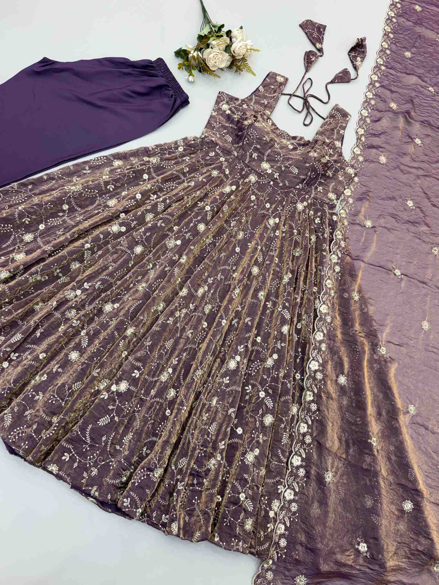 Premium Fendy Silk Gown, Sharara & Dupatta Set - Image 3
