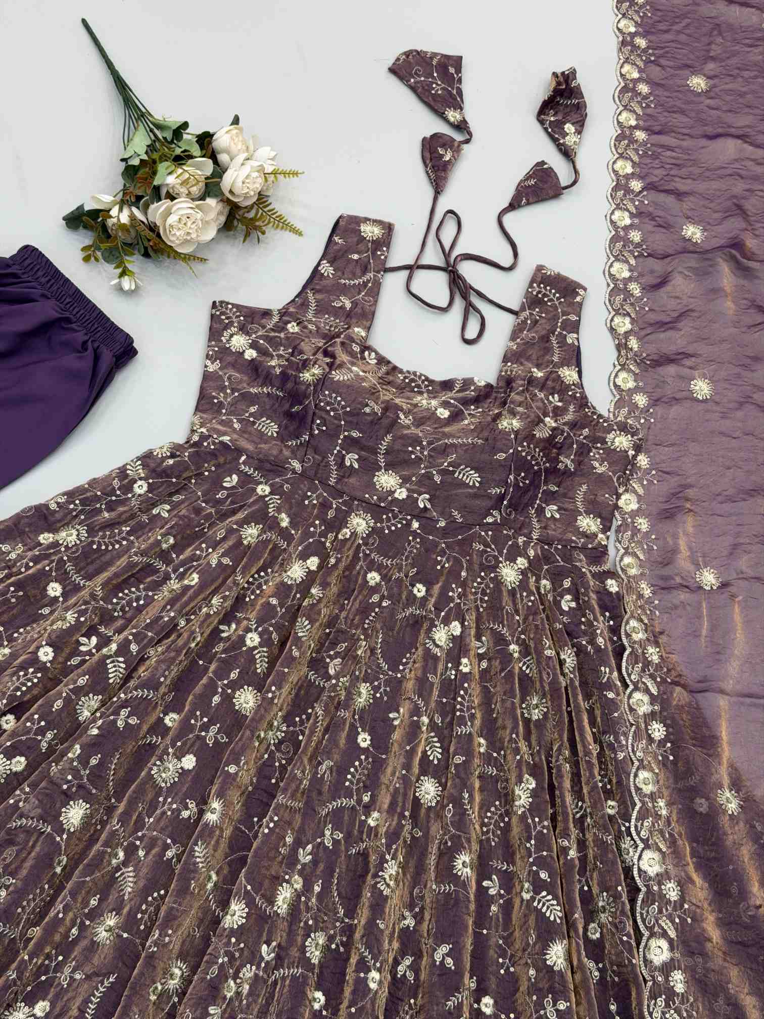 Premium Fendy Silk Gown, Sharara & Dupatta Set - Image 4